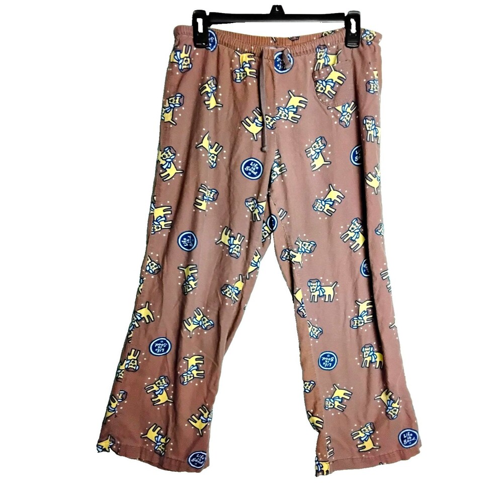 Life is Good Womans Small Brown Pajama Pants Dog Wearing headphones Drawstring